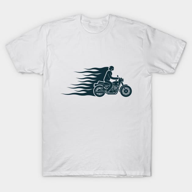 Simple biker pictogram emblem with a motorcycle racer and flames T-Shirt by Agor2012